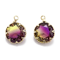 Colorful Two Tone Transparent Glass Pendants, with Golden Plated Brass Settings, Faceted, Diamond, Colorful, 16.5x12.5x6.5mm, Hole: 1.8mm