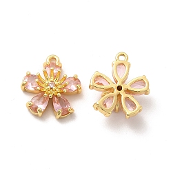 Pink Настоящие 18 k позолоченные латунные подвески с микропаве и кубическим цирконием, со стеклом, долговечный, без кадмия и без свинца, цветочный шарм, розовые, 17x15x6.5 мм, отверстие : 1.5 мм