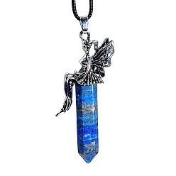 Lapis Lazuli Natural Lapis Lazuli Pointed Faceted Bullet Big Pendants, Butterfly Angel Charms, with Platinum Tone Alloy Findings, 68x36x13mm