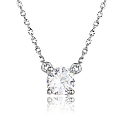 Platinum Cubic Zirconia Pendant Necklaces, with Rhodium Plated Sterling Silver Cable Chains for Women, Platinum, 15.75 inch(40cm)