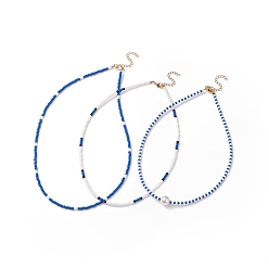 Blue 3Pcs 3 Style Shell Pearl & Glass Seed Beaded Necklaces Set for Women, Blue and White, 15.43~18.50 inch(39.2~47cm), 1Pc/style