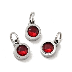 Dark Red 304 Stainless Steel Pendants, with Cubic Zirconia and Jump Rings, Single Stone Charms, Flat Round, Stainless Steel Color, Dark Red, 7.5x5.5x2.5mm, Hole: 3.6mm