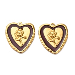 Коричневый 304 подвески из нержавеющей стали, Сердце со цветками , с эмалью, реальный 18 k позолоченный, ионное покрытие (ip), коричневые, 29x27x2.5 мм, отверстие : 1.6 мм