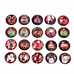Red Glass Cabochons, Half Round with Christmas Themed Pattern, Red, 25x7.5mm, 20pcs/set
