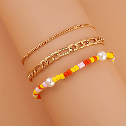 0108 yellow Elastic Beaded Bracelet Set with Fine Chains and Pearls (3 Pieces) for Women