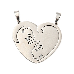 Stainless Steel Color 304 Stainless Steel Split Pendants, Couples Pendants, Cat Charm, Stainless Steel Color, 26x28.5x1mm, Hole: 6x3mm