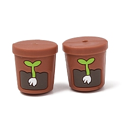 Chocolate Food Grade Eco-Friendly Silicone Focal Beads, Potted Plant, Chocolate, 20x19mm, Hole: 2.5mm