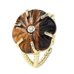 Тигровый глаз Кольца-манжеты с натуральным тигровым глазом, с прозрачным кубическим цирконием и латунными кольцами, золотые, стойки покрытие, Цветок: 17x16.5 мм, внутренний диаметр: 17 мм