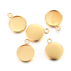 Golden Rack Plating 304 Stainless Steel Pendant Cabochon Settings, Plain Edge Bezel Cups, Flat Round, Real 24K Gold Plated, Tray: 12mm, 17.5x14x2mm, Hole: 2.2mm