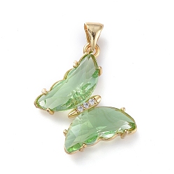Dark Green Brass Micro Pave Clear Cubic Zirconia Pendants, with Glass, Butterfly, Golden, Dark Green, 24x21.5x4mm