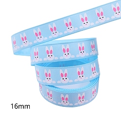 Light Sky Blue Easter Theme Polyester Grosgrain Ribbons, Printed Rabbit Pattern, Light Sky Blue, 5/8 inch(16mm), 10 yards/roll