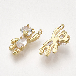 Real 18K Gold Plated Brass Cubic Zirconia Charms, Bear, Clear, Real 18K Gold Plated, 12x6x3mm, Hole: 1mm