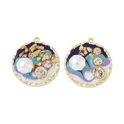 Purple Rack Plating Alloy Enamel Pendants, with Resin, ABS Imitation Pearl Beads, Rhinestone and Glass Beads, Cadmium Free & Nickel Free & Lead Free, Flat Round, Purple, 36x33.5x7mm, Hole: 1.8mm