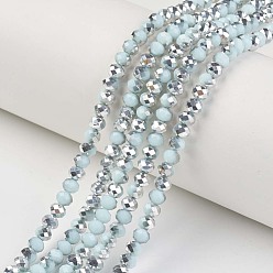 Pale Turquoise Electroplate Opaque Glass Beads Strands, Half Silver Plated, Faceted, Rondelle, Pale Turquoise, 4x3mm, Hole: 0.4mm, about 130pcs/strand, 16.54 inch(42cm)