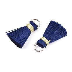 Midnight Blue Handmade Polycotton(Polyester Cotton) Tassel Decorations, Pendant Decorations, with Golden Iron Loops, Midnight Blue, 17~21x10x5mm, Jump Ring: 6x0.7mm, Inner Diameter: 4.6mm