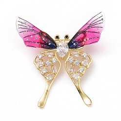 Deep Pink Resin Butterfly Lapel Pin with Clear Cubic Zirconia, Real 18K Gold Plated Brass Badge with Loop for Jewelry Pendant, Cadmium Free & Lead Free, Deep Pink, 49x47x5mm