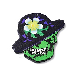Lime Green Acrylic Pendant, Skull with Flower Hat, Lime Green, 46.5x46.5x2mm, Hole: 1.6mm