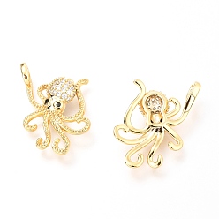 Real 18K Gold Plated Brass Micro Pave Clear & Black Cubic Zirconia Pendants, Octopus Shape, Real 18K Gold Plated, 25x15x3.9mm, hole:2x3mm