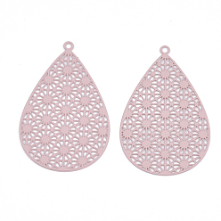 Pink 430 Stainless Steel Filigree Pendants, Spray Painted, Etched Metal Embellishments, Teardrop, Pink, 35x22x0.5mm, Hole: 1.4mm