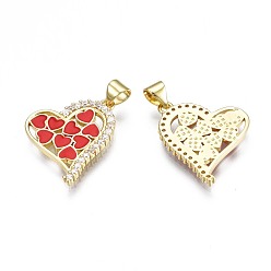 Red Brass Micro Pave Clear Cubic Zirconia Pendants, with Enamel and Brass Snap on Bails, Nickel Free, Real 18K Gold Plated, Heart, Red, 20x18.5x2mm, Hole: 3.5x5mm