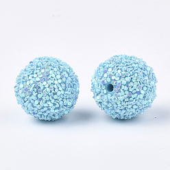 Light Sky Blue Acrylic Beads, Glitter Beads,with Sequins/Paillette, Round, Light Sky Blue, 19.5~20x19mm, Hole: 2.5mm