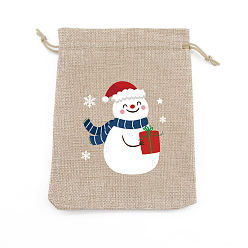 Snowman Rectangle Christmas Themed Burlap Drawstring Gift Bags, Gift Pouches for Christmas Party Supplies, BurlyWood, Snowman, 14x10cm