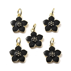 Черный Латунь эмаль прелести, цветочный шарм, с целью перехода в кольце, стойки покрытие, долговечный, без свинца и без кадмия, реальный 18 k позолоченный, чёрные, 13x11x3 мм, отверстие : 3 мм