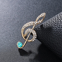 Indicolita Broche de nota musical de diamantes de imitación, insignia de aleación de oro claro para ropa de mochila, indicolite, 53x21 mm