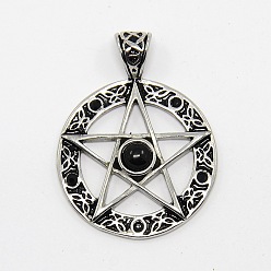 Jet Vintage Men's 304 Stainless Steel Ring with Pentagram Star Pendants, Wicca Pendants, with Rhinestone and Resin, Antique Silver, Jet, 37x28x5mm, Hole: 6x3mm