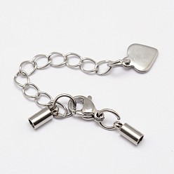 Stainless Steel Color 304 Stainless Steel Chain Extender, with Cord Ends, Curb Chains and Lobster Claw Clasps, Stainless Steel Color, 35~38mm, Cord End: 10.5x6mm, Inner Diameter: 5mm