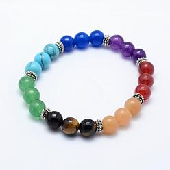 Mixed Stone Natural/Synthetic Mixed Stone Beads Stretch Bracelets, Yoga Chakra Jewelry, with Tibetan Style Alloy Findings, Round, 2 inch(52mm)