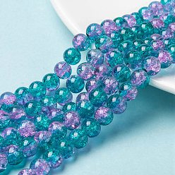 Dark Cyan Spray Painted Crackle Glass Beads Strands, Round, Two Tone, Dark Cyan, 8mm, Hole: 1.3~1.6mm, about 100pcs/strand, 31.4 inch