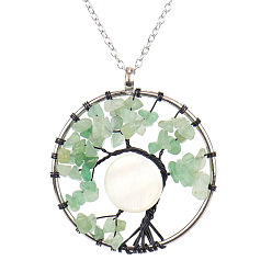Green Aventurine Natural Green Aventurine Chips Tree of Life Pendant Necklaces, Brass Wire Wrap Necklace with Alloy Chains, 20.47 inch(52cm)
