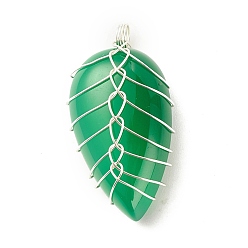 Green Onyx Agate Natural Green Onyx Agate Pendants, with Silver Tone Eco-Friendly Copper Wire Wrapped, Teardrop, 32~33x15~17.5x8~9mm, Hole: 3.2~3.4mm