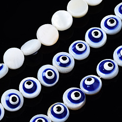 Синий Естественных пресноводных оболочки бисер нитей, с эмалью, плоские круглые с сглаза, синие, 6x3~4 мм, отверстие : 0.8 мм, около 62~63 шт / нитка, 14.96 дюйм ~ 15.35 дюйм (38~39 см)