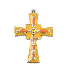 Topaz 304 Stainless Steel with Orange Enamel Pendants, with Rhinestone, Cross Charms, Stainless Steel Color, Topaz, 35.5x24.5x2.5mm, Hole: 1.4mm