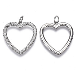 Platinum Brass Micro Pave Cubic Zirconia Pendants, with Jump Ring, Heart, Nickel Free, Real Platinum Plated, Clear,  31x29x3mm, Hole: 5mm