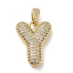 Letter Y Brass Micro Pave Cubic Zirconia Pendants, Cadmium Free & Lead Free, Long-Lasting Plated, Real 18K Gold Plated, Letter Y, 20x15.5x5.5mm, Hole: 4.5x3mm