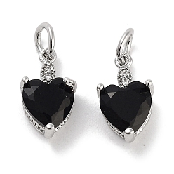 Черный Латунные микро проложить кубического циркония прелести, с целью перехода в кольце, сердце, платина, чёрные, 13x7.5x5 мм, отверстие : 3 мм