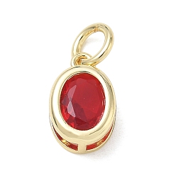 Red Brass Pave Cubic Zirconia Charms, Oval Charms, Single Stone Charms, Long-Lasting Plated, Rack Plating, Lead Free & Cadmium Free, Real 18K Gold Plated, Red, 12x8x6mm, Hole: 4mm