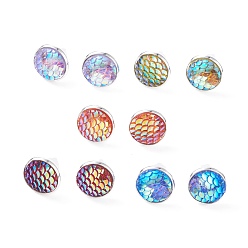 Mixed Color Mermaid Scale Flat Round Stud Earrings, Brass Jewelry for Women, Mixed Color, 15.5x13.5mm, Pin: 0.7mm