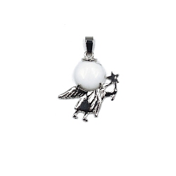 Howlite Natural Howlite Pendants, Antique Silver Plated Alloy Angel Charms, 36x28mm