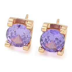 Лиловый Серьги-гвоздики из латуни с кубическим цирконием, квадратный, долговечный, шампанское золото, сирень, 7x8 мм