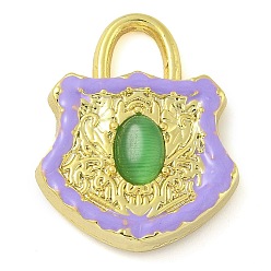 Лиловый Стеклянные подвески из латуни с покрытием стойки, с эмалью, долговечный, без свинца и без кадмия, реальный 18 k позолоченный, запирать, сирень, 22x17.5x4 мм, отверстие : 4x4.5 мм