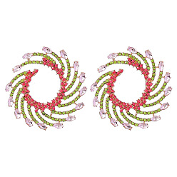 Indian Pink Sparkling Rhinestone Vortex Stud Earrings, Golden Alloy Jewelry for Women, Indian Pink, 63x62mm