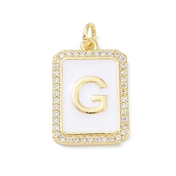 Letter G Brass Enamel Micro Pave Clear Cubic Zirconia Pendants, with Jump Ring, Real 18K Gold Plated, Rectangle Charm, Letter G, 20x13.5x2mm, Hole: 3.4mm