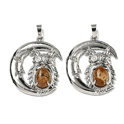 Пейзажный Джаспер Естественного изображения яшмы подвески, Подвески в виде совы со стойкой, латунь, луна, платина, без кадмия и без свинца, 38.5x31.5x8 мм, отверстие : 8x5 мм