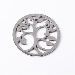 Stainless Steel Color 304 Stainless Steel Filigree Joiners, Flat Round with Tree, Stainless Steel Color, 35x2mm
