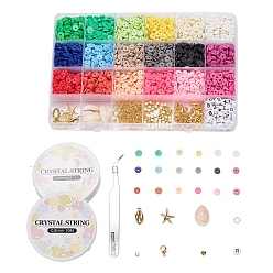 Mixed Color DIY Summer Style Jewelry Set Kits, Including 18 Colors Handmade Polymer Clay Heishi Beads, Cowrie Shell & Acrylic Beads, Zinc Alloy Lobster Claw Clasps, Alloy Pendants, Elastic Crystal Thread, Mixed Color, 6x1mm, Hole: 2mm