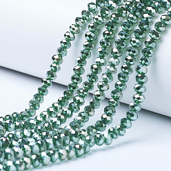 Dark Green Electroplate Glass Beads Strands, Platinum Plated, Faceted, Rondelle, Dark Green, 6x5mm, Hole: 1mm, about 85~88pcs/strand, 16.1~16.5 inch(41~42cm)